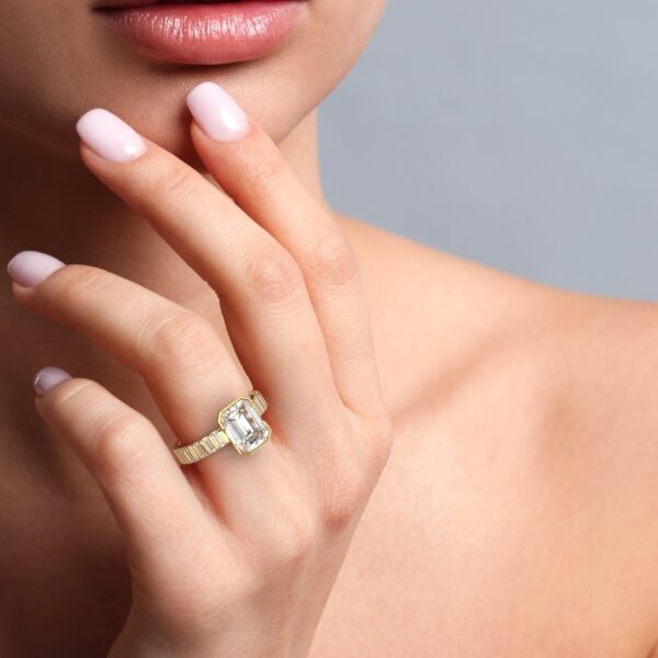 Lyra Emerald Cut Half-Bezel Ring with Baguette Accents - Image 5